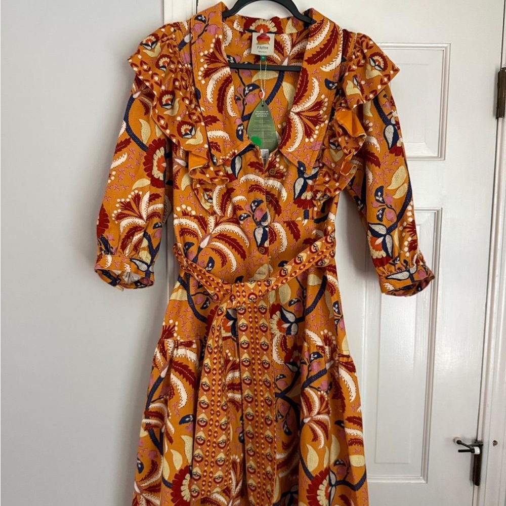 FARM Rio Mustard Paisley Ruffle-Tie Midi Dress